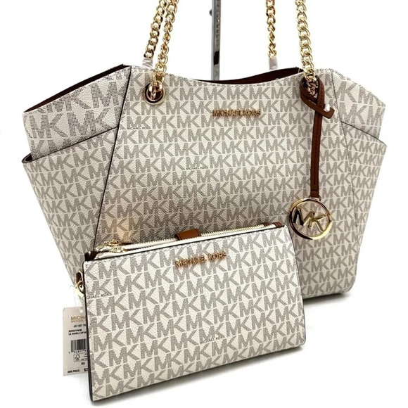 Michael Kors Large Jet Set Travel Chain Shoulder Bag & Double Zip Wallet Vanilla - Picture 1 of 15